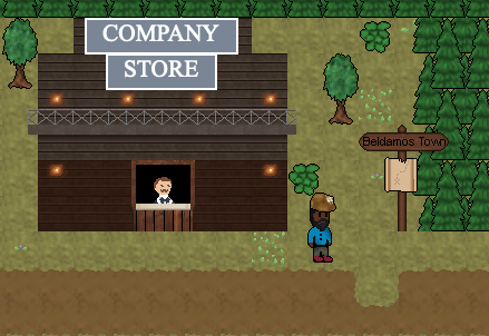 Game screenshot of a miner outside the Company Store.